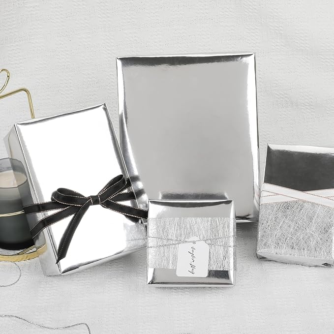 NESCCI Silver Metallic Wrapping Paper, Solid Color Paper,Gift Wrapping Paper,Perfect for Wedding,Valentine's Day,Birthday, Christmas,Baby Shower,DIY Bouquet (17.5 Inches X 32.8 Feet)