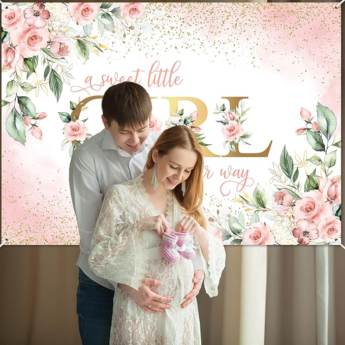 Avezano Girl Baby Shower Backdrop Pink Floral Sweet Baby Baby Shower Banner A Sweet Little Girl is on Her Way Party Decorations Banner (8x6ft)