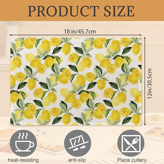 Lemon Placemats Set of 6,Washable Heat Resistant 12×18 Inch Linen Table Mats Yellow Place Mats for Party Outdoor Dining Décor