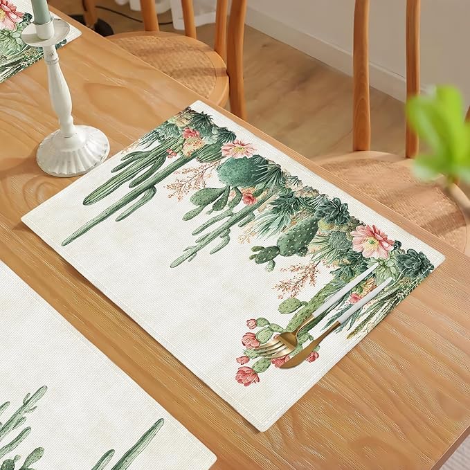 Cute Cactus Placemats Set of 4, Western Succulent Place Mats, Rustic Summer Plant Dining Table Mats, Washable Placemats for Kitchen Dining Room 18L'' × 12W''