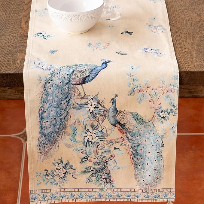 Maison d' Hermine Tablerunners 100% Combed Cotton Premium Table Runner Decorative Table Cover, Home, Kitchen & Camping, Peacock Utopia - Sandy Beach, Double Layer - (14.5"x72")