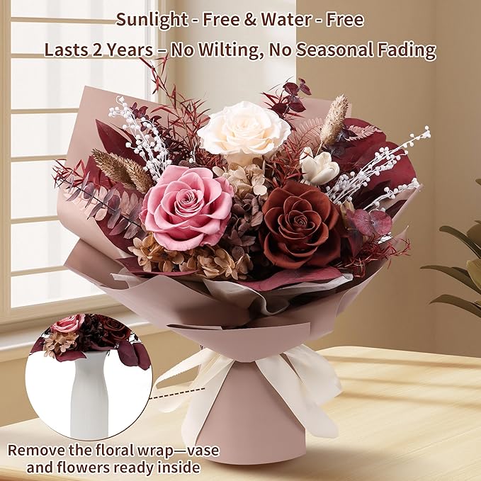 Preserved Flowers Bouquet, Real Eternal Flowers, Gifts For Women, Birthday Gifts For Mom Friends Her Girlfriend Sister, Valentine (Caramel)