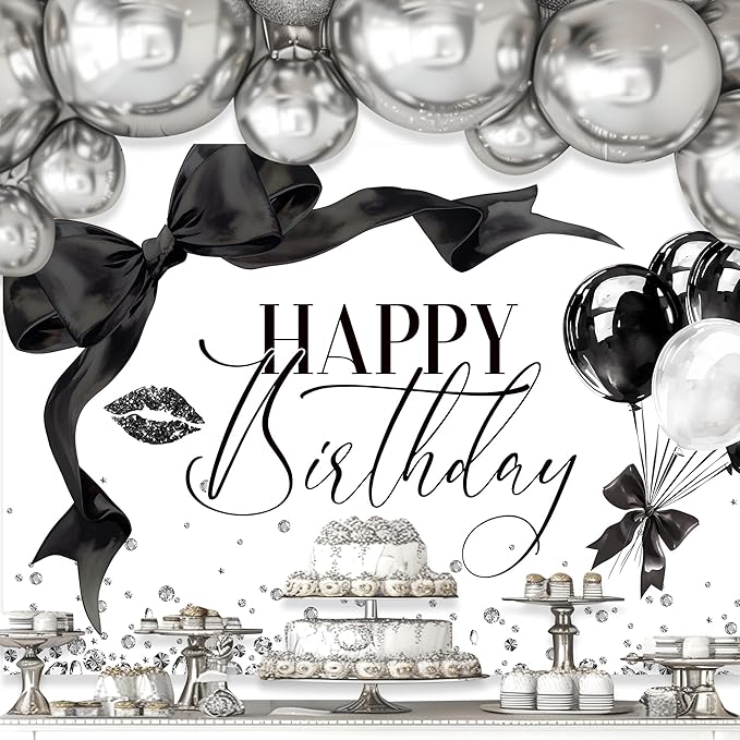 Black Bow Happy Birthday Banner Backdrop 5Wx3H Photography Girls Coquette Birthday Decorations Black White Bowknot Balloons Background Women Party Decorations Photo Booth Props Supplies