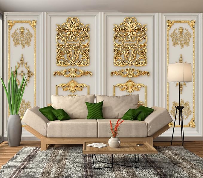 Eierme-Interior Walls with Golden Relief Patterns Mural Wallpaper Peel and Stick 137" x 102"