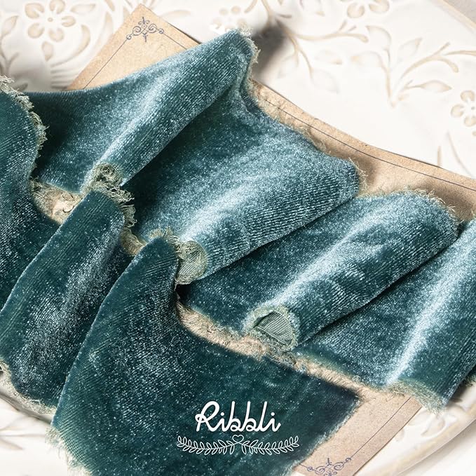 Ribbli Dusty Green Velvet Ribbon 3 Inch Handmade Frayed Vintage Christmas Ribbon for Gift Wrapping Christmas Tree Ornament Wreath Craft Home Decor -3 Yards