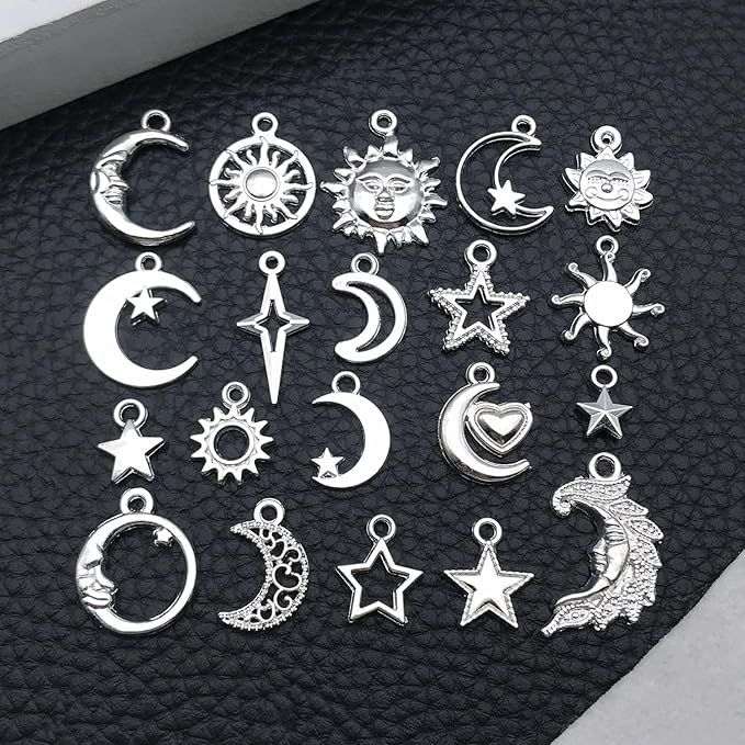 WOCRAFT 60pcs Bright Silver Sun Moon Star Bracelet Charms for Jewelry Making Sets DIY Necklace Bracelet Keychain Crafting Charms Kit Craft Supplies (SN837)