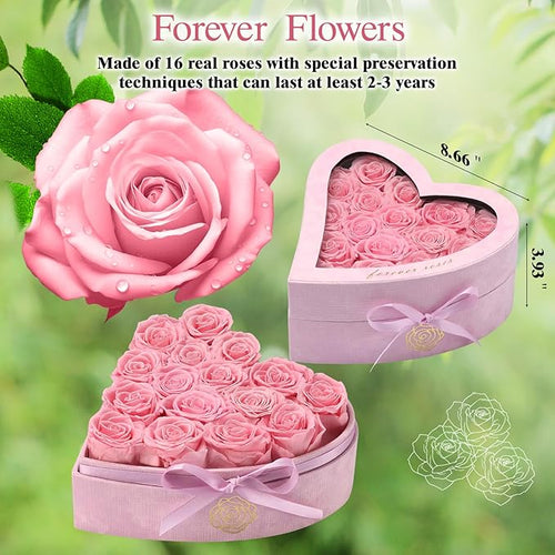 16 Forever Flowers in Heart Shaped Box - Preserved Roses Romantic Gifts for Her, Valentine’s Day, Anniversary, Wedding (Pink)
