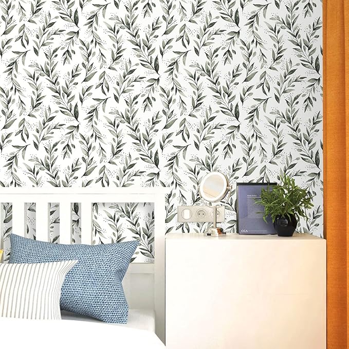 Erfoni Leaf Peel and Stick Wallpaper Dark Green Contact Paper 17.7inch x 590.5inch Greenery Eucalyptus Wallpaper Peel and Stick Leaves Plant Self Adhesive Wall Paper for Bathroom Livingroom Decor