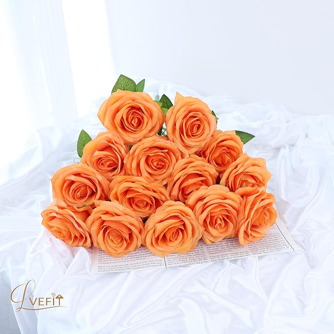 30pcs Artificial Rose Flower Orange Rose Orange Flower with Long Stem Silk Roses Bouquet for Wedding Bridal Shower Party Home Decoration