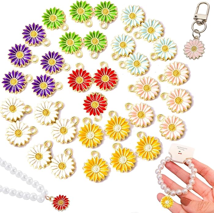 70Pcs 7 Colors Enamel Daisy Flower Charms for Jewelry Making Gold Plated Sunflower Charm Spring Summer Floral Pendant for Bracelet Necklace Earrings Keychains DIY Craft Supplies Accessories-13mm