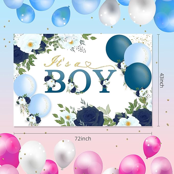 Floral It's a Boy Baby Shower Backdrop Banner Simple Style Flowers Theme Background Decor for Boys Newborn Baby Shower Party Decorations Photo Studio Props Supplies 72x43in-BECKTEN