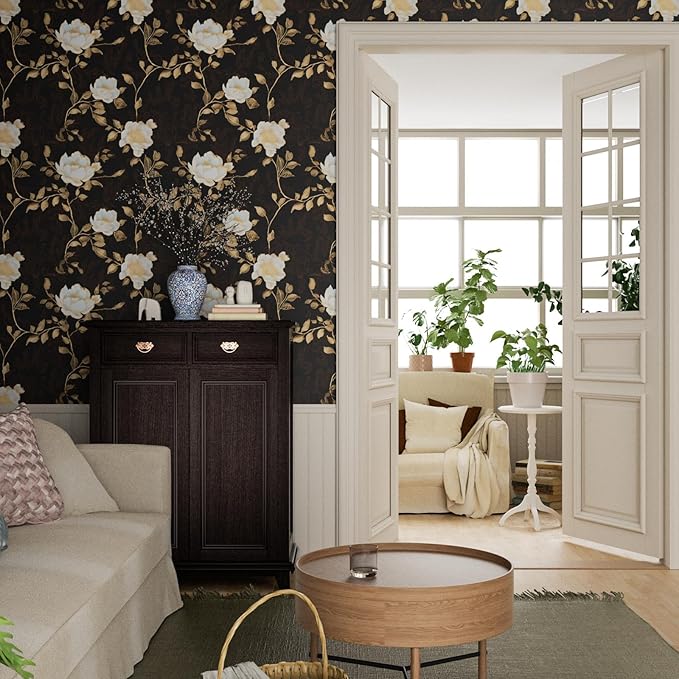 Black Golden Floral Peel and Stick Wallpaper Flowers Contact Paper 17.5" x 393" Self Adhesive Waterproof Vintage Dark Floral Wall Paper for Shelf Liner Cabinet Decor