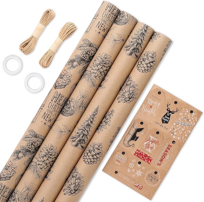 YANGTE Vintage Christmas Wrapping Paper Rolls, Brown & Black Wrapping Paper Christmas with Twine and Greeting Cards, 4 Rolls Holiday Gift Wrapping Paper, 17 x 120 inch per Roll