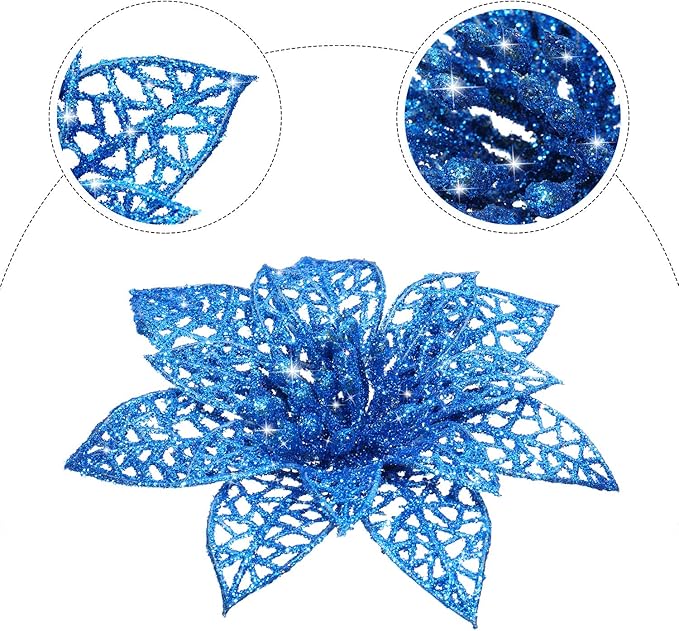 Boao Blue 24 Pieces Poinsettia Flower Christmas Glitter Artificial Poinsettia with Clips Christmas Tree Ornament Decorations for DIY Xmas Wreath Holiday Home Party Decor, 3/4/6 Inches