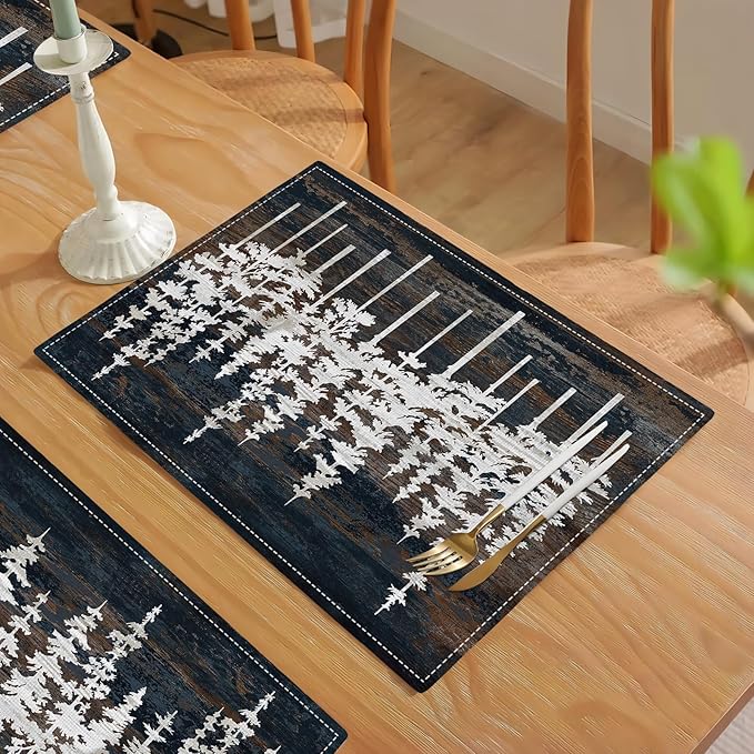 Rustic Tree Placemats Set of 6 Nature Forest Table Mats Washable Place Mats for Home Party Indoor Kitchen Dining Table Decoration 12x18 Inch