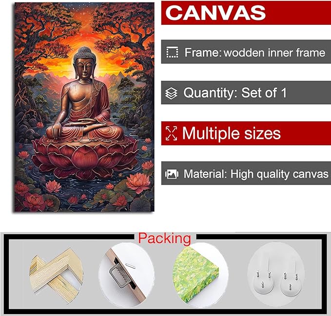 Golden Buddha on lotus seat serene meditation statue amidst lush trees flowing water and sunrise light spiritual home art for a tranquil decor 8x12in Wood Framed