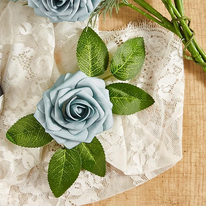 Artificial Flowers, 25pcs Dusty Blue and White Artificial Rose for DIY Wedding Bouquets Centerpieces Arrangements, Fake Flower with Stems for Party Home Decorations