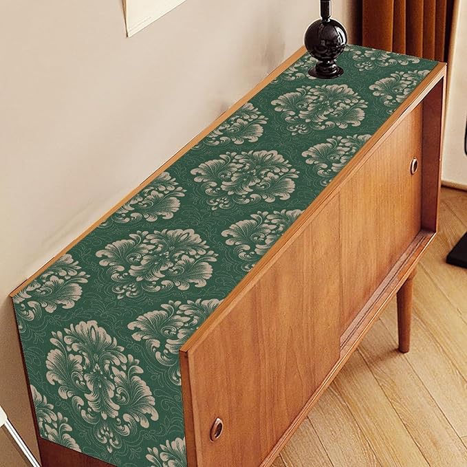 Vintage Damask Table Runner, Green Classical Luxury Old Fashioned Damask Royal Victorian Floral Print Table Center Decor for Family Kitchen Table Decorations Indoor Outdoor 13x36 inch