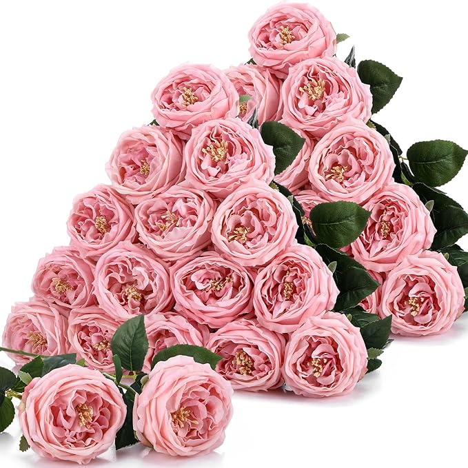 Giegxin 20 Pcs Real Touch Peonies Austin Roses Artificial Flowers, Faux Look Real Long Stems Fake Flower with Big Blooms for Christmas Valentines Wedding Party DIY Arrangement Home Decor(Pink)