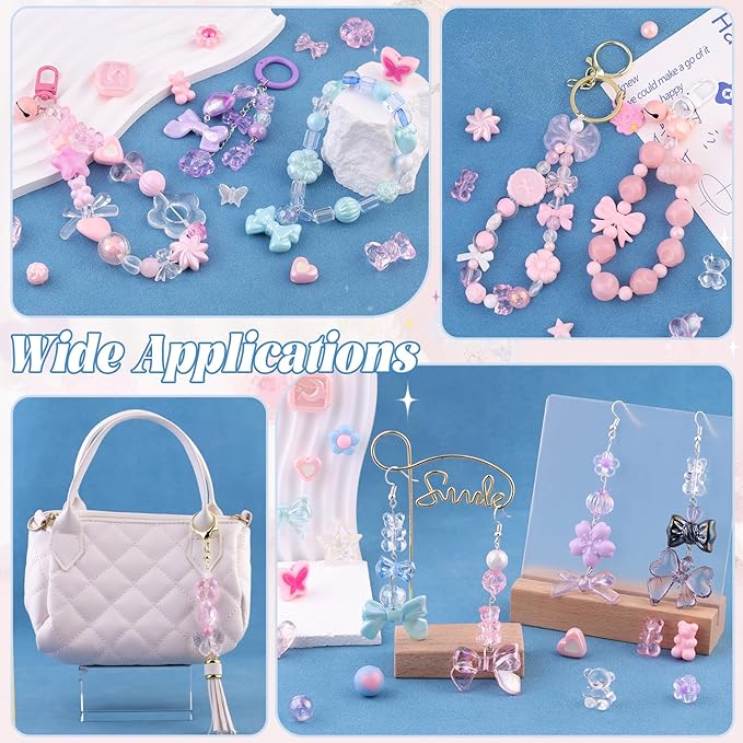 Assorted Acrylic Beads, 200-260PCS Pink Cute Beads for Bracelet Making, GummyBear Bow Flower Candy Kawaii Charms for Jewelry Making DIY Necklace Keychain Phone Charm Christmas Gift
