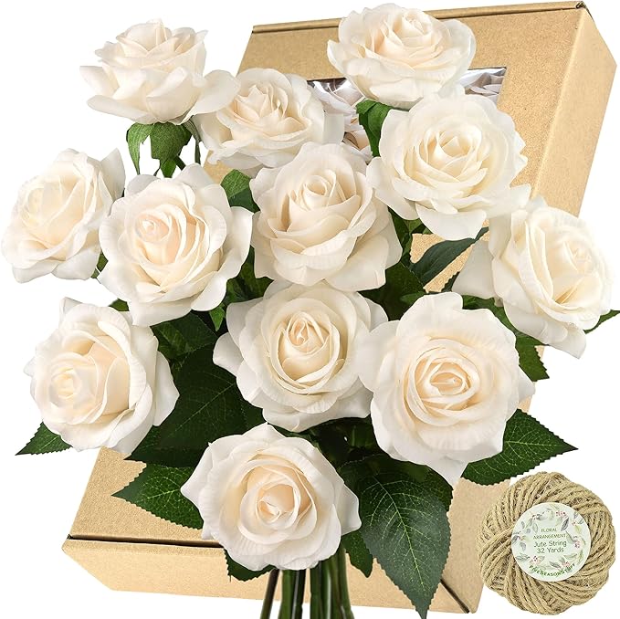 FiveSeasonStuff Light Champagne Artificial Roses Real Touch Silk Flowers with 12 Stems Wedding Bridal Bouquet Home Décor