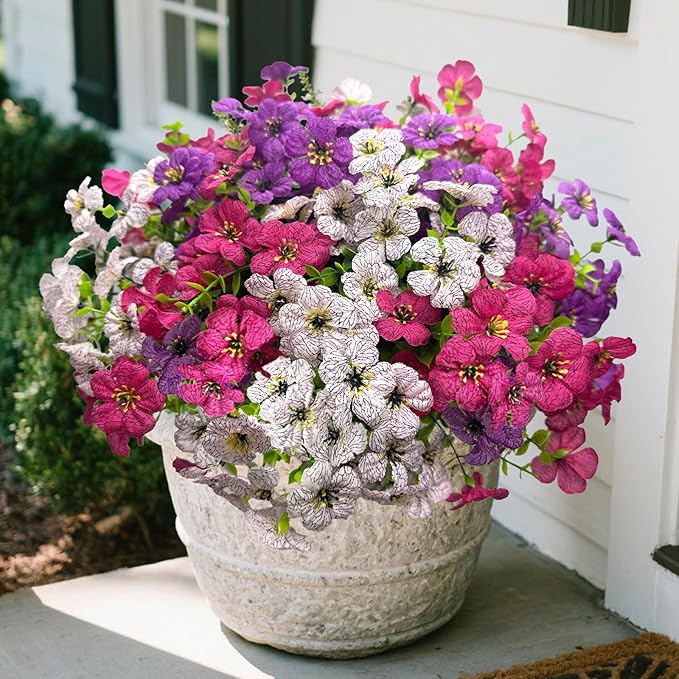 12 Bundles Daisy Artificial Flowers for Outdoors with Eucalyptus - UV Resistant Fake Flowers Outside for Hanging Basket Planter Window Box, Realistic Silk Faux Plants for Porch Garden Patio Home Decor
