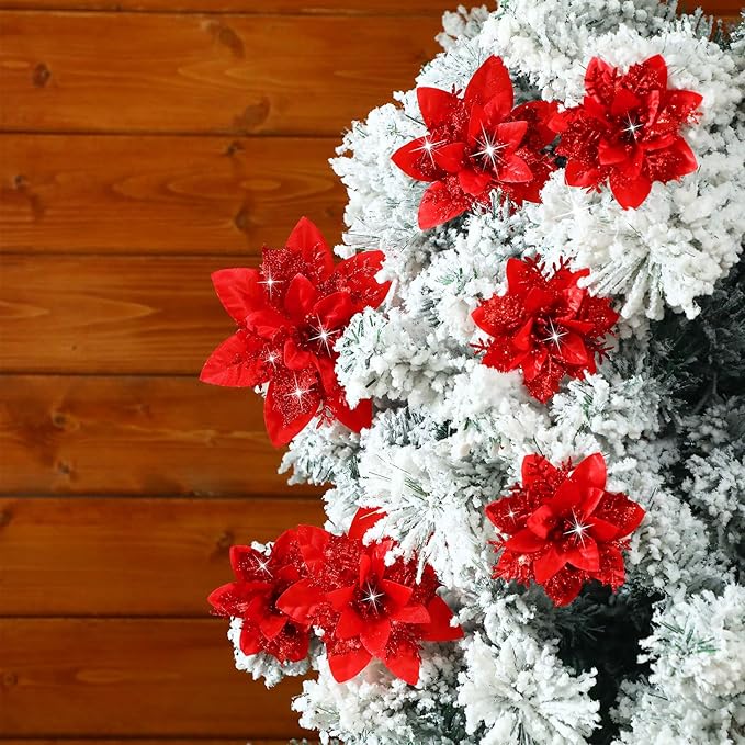 Geosar 24 Christmas Glitter Artificial Poinsettia Flowers Xmas Poinsettia Artificial Wedding Flowers Decorations Xmas Tree Ornaments with Clips for Party Favors, 6 Inch, 4 Inch, 3 Inch (Red)