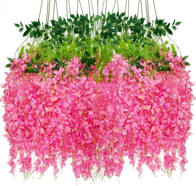 Artificial Wisteria Hanging Flowers Fake Wisteria Flower Garland Silk Vines Rattan Decor for Home Wedding Arch Wall Garden Greenery Bedroom Outdoor Office Party Decoration(24, Dark Pink)