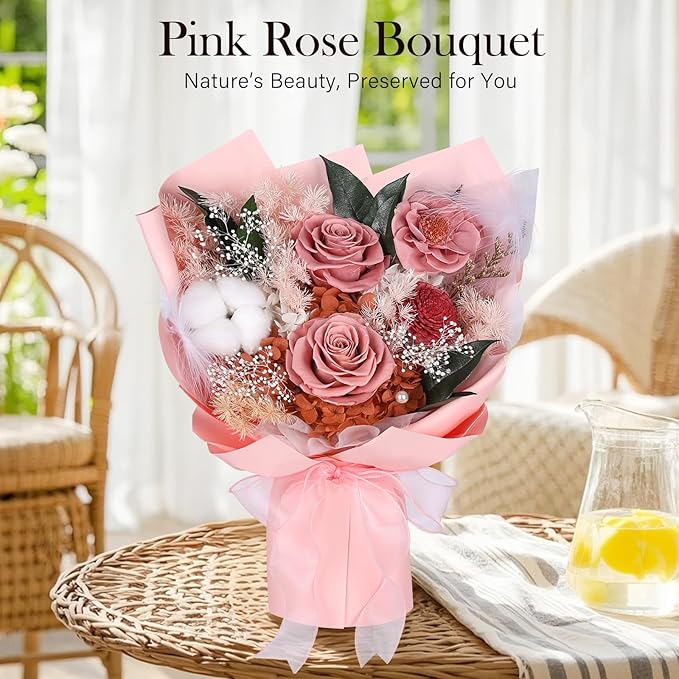 Preserved Bouquet of Flowers - Flesh Forever Flowers for Delivery, Real Eternal Roses Bouquet for Mother Mom, Wife Anniversary Birthday Gifts for Women, Carnation Pink