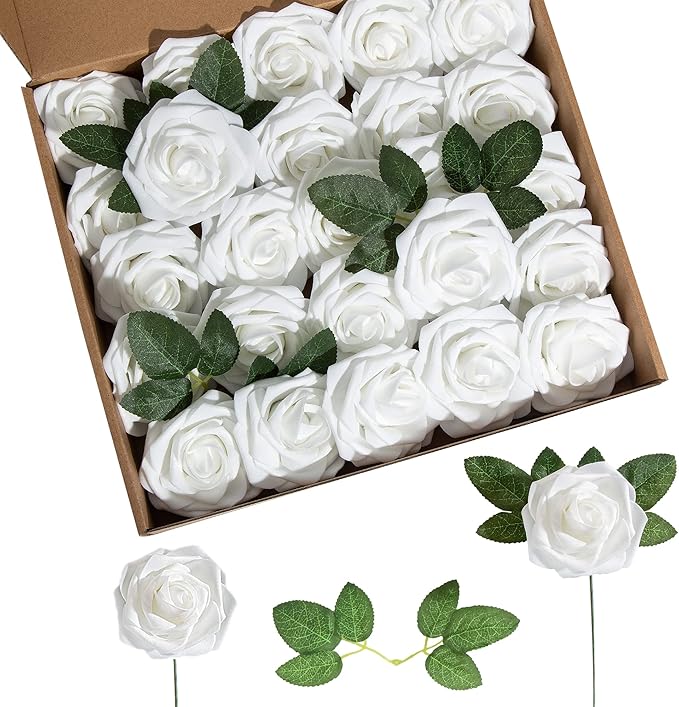 Artificial Flower Foam Rose 25pcs Real Looking Fake Rose with Stems Leaves for Home Decoration Party Garden Centerpieces DIY Wedding Bouquets（White）