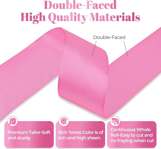Hot Pink Satin Ribbon, Double Faced 2 Inch X 25 Yards Hot Pink Ribbon, Premium Satin Ribbon for Gift Wrapping, Crafts, Hair Bow Making, Sewing, Flower Bouquet, Wedding Party Decor