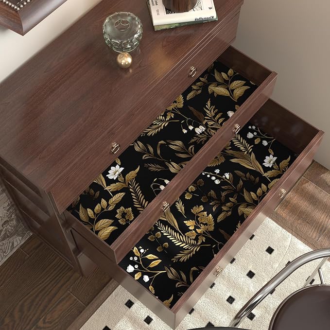 Extra Long Dark Floral Peel and Stick Wallpaper, Vintage Black Gold Leaf Wallpaper, Removable Contact Paper Self Adhesive for Bedroom Bathroom Cabinet Black Gold White 17.5In x 393In
