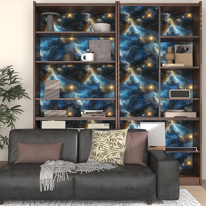 Starry Night Sky Wallpaper Peel and Stick 17.4" x 394" Dark Blue Galaxy Contact Paper Modern Space Wallpaper for Bedroom Cabinet Bathroom Home Decor