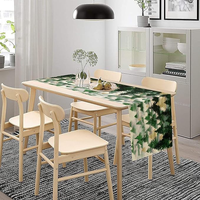 Watercolor Green Pine Trees Table Runner, Forest Woodland Tabletop Scarf Home Kitchen Holiday Decor, Seasonal Farmhouse Rustic Dining Decorations Party Supply 13 X 70 Inch