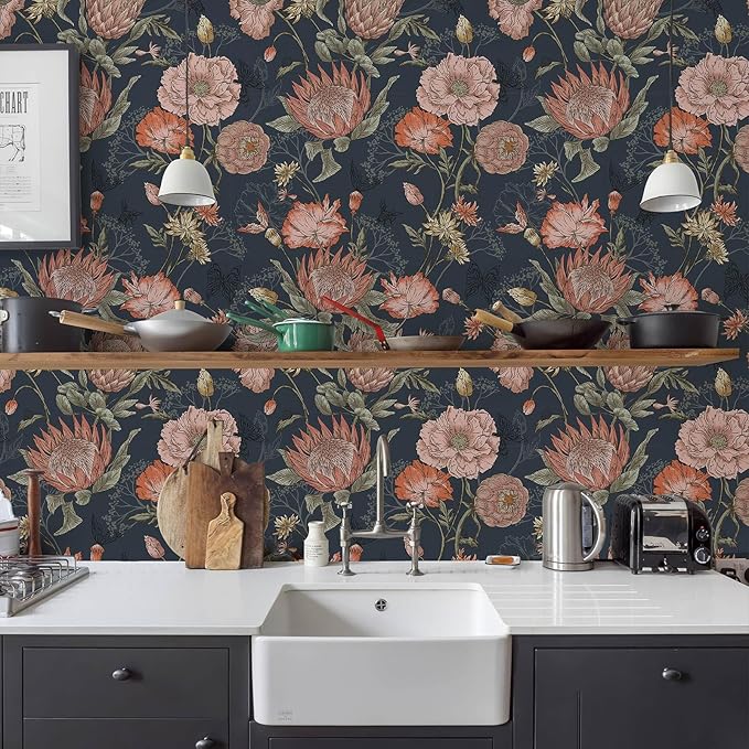 Floral Wallpaper Peel and Stick Floral Contact Paper Dark and Pink Vintage Wall Paper Removable Self Adhesive Vinyl Stick on Wallpaper for Bathroom Bedroom Decor 17.3in x 400in