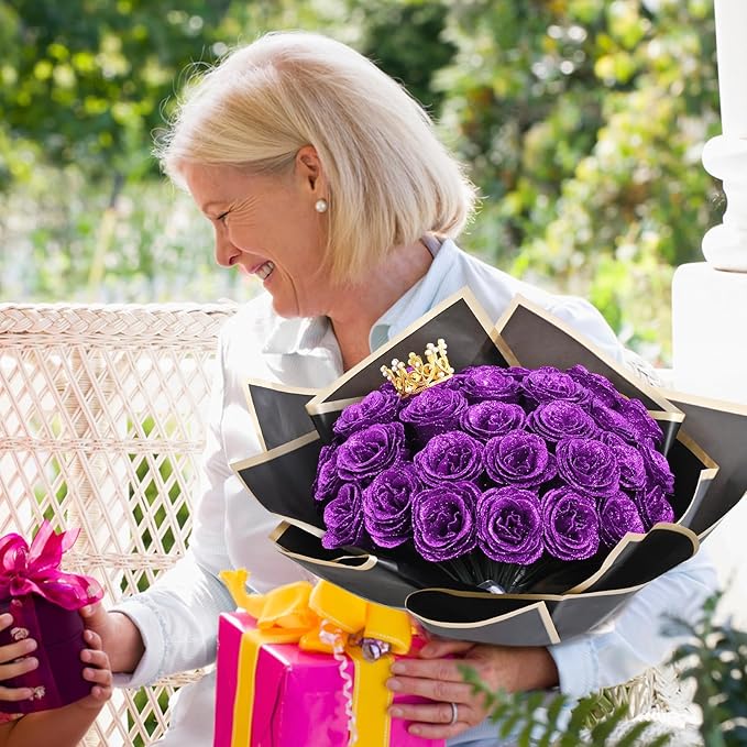 Waipfaru Glitter Roses Bouquet, DIY Fake Flowers Bouquet, Birthday Gifts for Women Mom, 36 Pcs Purple Rose for Wife Girlfriend Valentines, Mothers Day, Anniversary, Graduation
