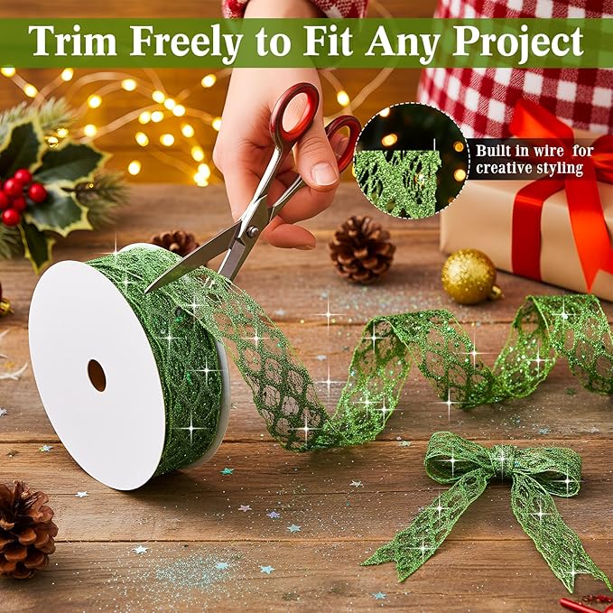 Geosar 20 Yards Green Glitter Mesh Wired Ribbon for Christmas Tree Decorations, Gift Wrapping, DIY Craft, Xmas Wreaths, Cabinet Decor (1.5 Inch)