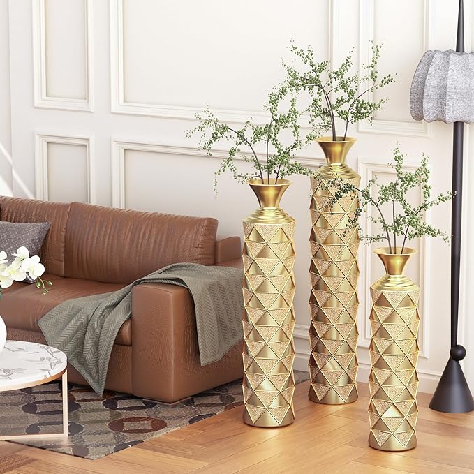 Metal Floor Vases Decorative, Set of 3 Flower Arrangement Stand, Metal Decorative Vase Tall Distressed Metallic Centerpiece Vases with 3D Triangle Pattern, 33.5", 29.5", 25.2" H (Antique Gold)