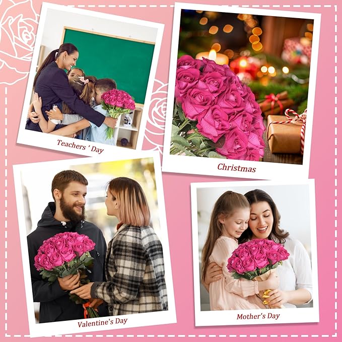 30pcs Silk Roses Artificial Flowers Hot Pink Fake Rose with Long Stem for Arrangement Wedding Party Home Decoration