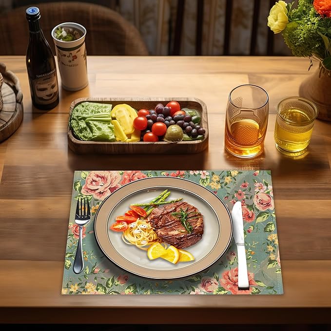 Placemats-Vintage Rose Floral Linen Table Place Mats Set of 4 Non-Slip Heat Resistant Table Mats for Dining Kitchen Cabin Decor 12x18 Inch