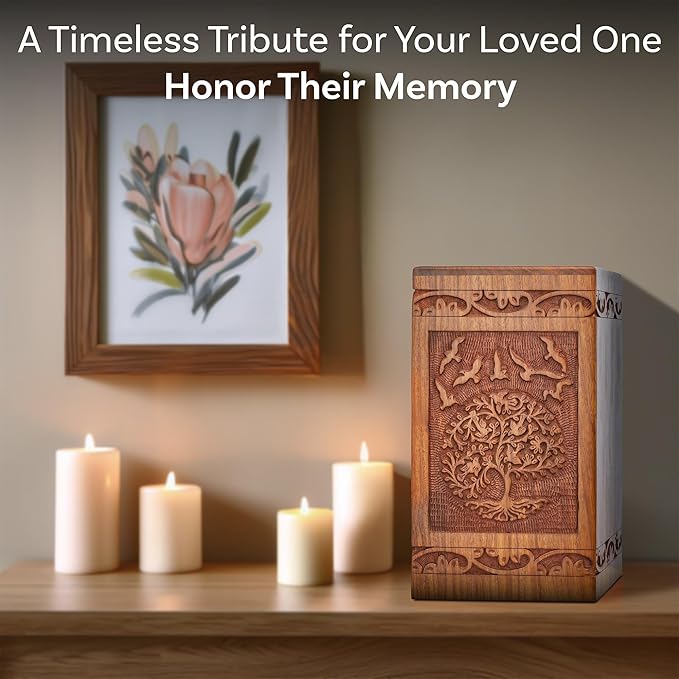 INTAJ Handcarved Wooden Cremation Urn for Human Ashes - Tree of Life Design, 180 lbs Capacity, Suitable for Adult Men and Women - Decorative Funeral Urn Box and Casket - Wooden Carved Box