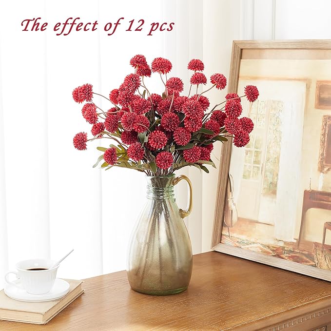 SITUMEIZI Red Faux Silk Pompon Mum Artificial Red Flowers Fake Mini Chrysanthemum Flowers Mums 6Pcs for Christmas Home Party Wedding Decorations