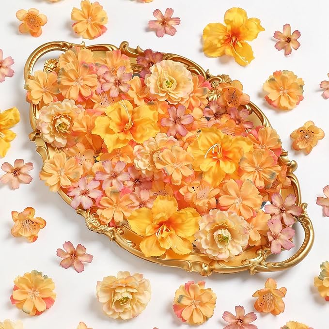 210Pcs Mini Fall Fake Flower Heads Orange Small Silk Faux Flower Heads Artificial Rose Daisy Multicolor Flowers Bulk for Cake Crafts DIY Graduation Cap Wedding Hair Dresses Wreath Party Home Decor