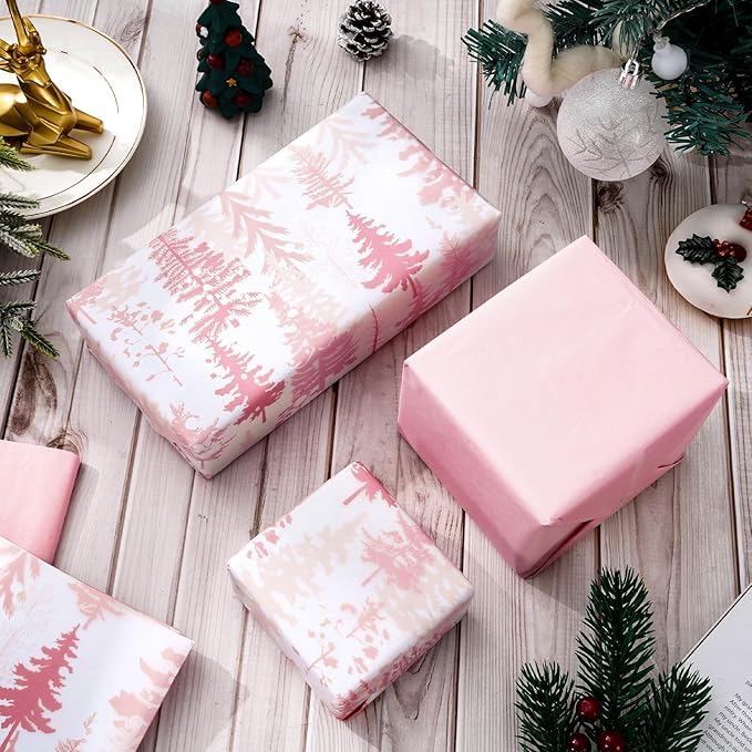 Whaline 100 Sheets Christmas Pink Tissue Paper Christmas Tree Gift Wrapping Paper Art Craft Paper for Home DIY Gift Bags Xmas Winter New Year Decor, 14 x 20 Inch