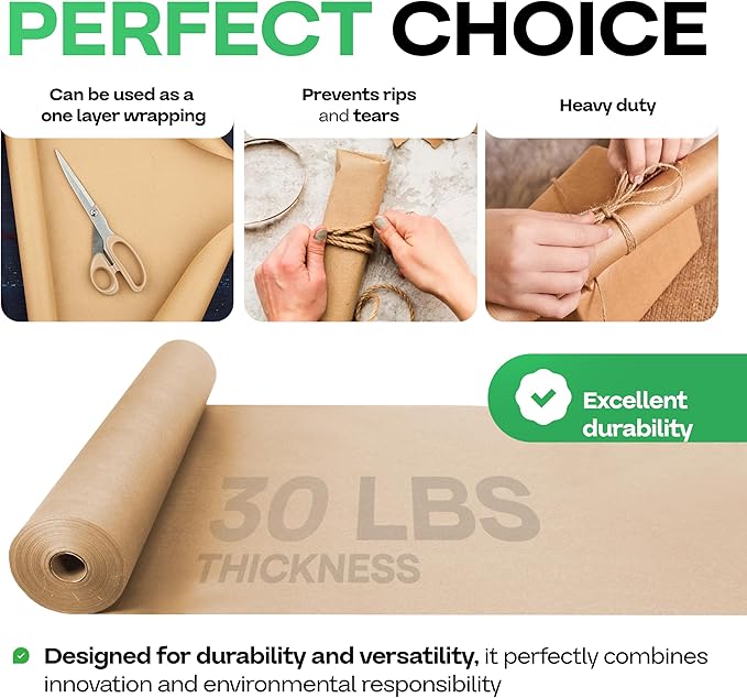 Brown Kraft Paper Roll 48" x 2160" (180 feet), Pack of 4 - USA-Made Brown Packing Paper 30lb Thickness for Moving, Shipping, Crafts/Arts - 100% Recycled Natural Wrapping Material by IDL Packaging