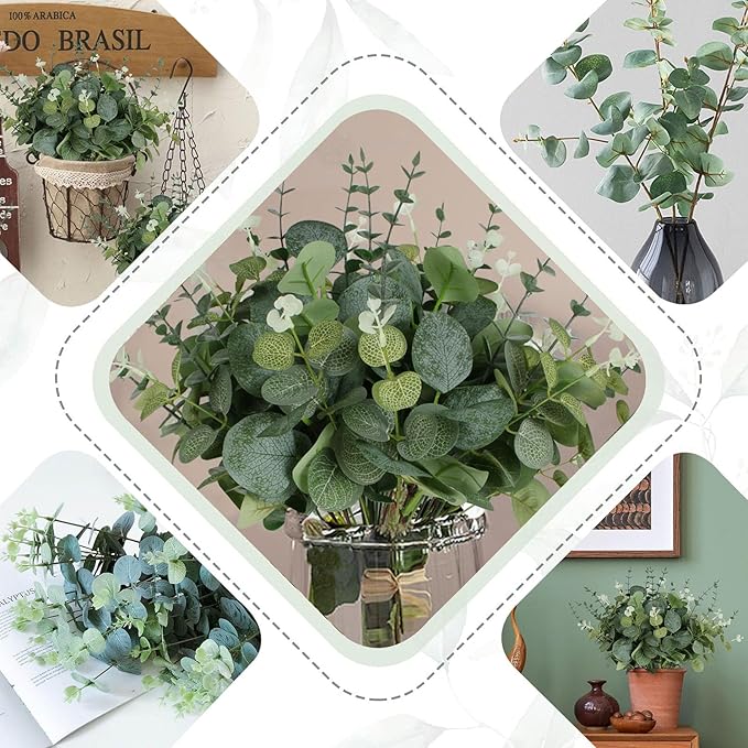 120 Pcs 3 Kinds Mixed Artificial Eucalyptus Leaves Stems Fake Silver Dollar Eucalyptus Leaves Stem Bulk Faux Leaf for DIY Bouquets Floral Arrangement Wedding Home Decor