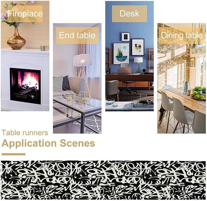 Graffiti Table Runner,Black White Abstract Messy Art Theme Pattern Print Tablecloth Burlap for Hotel Indoors Outdoor Dining Room Kitchen Home Decor,W13X L80 in