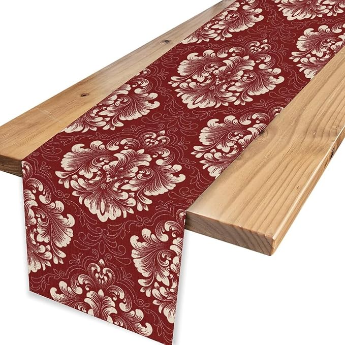 Vintage Damask Table Runner, Red Classical Luxury Old Fashioned Damask Royal Victorian Flora Print Table Center Decor for Family Kitchen Table Decorations Indoor Outdoor 13x36 inch
