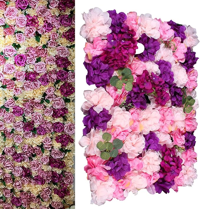 6Pcs 23.62"x 15.74"x 0.79" Artificial Flower Wall Panels,Flower Wall Mat Silk Flower Panels for Outdoor Garden Backyard Fence Fence Privacy Screen and Indoor Wall Decor(Pink+Purple)