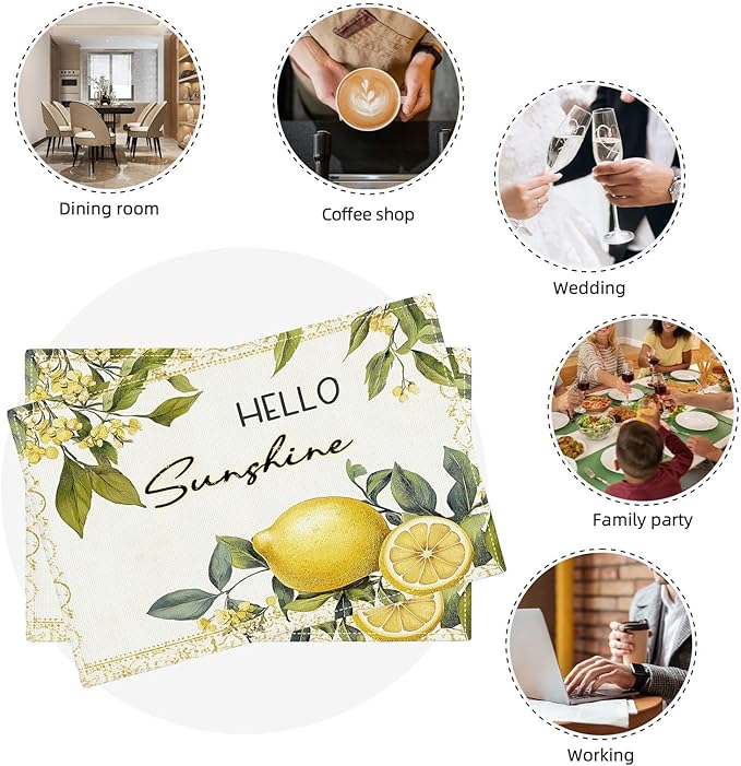 Lemon Iris Summer Placemats Set of 4, Rustic Fruit Place Mats, Country Hello Sunshine Dining Table Mats, Washable Placemats for Kitchen Dining Room Home Decor 18L'' × 12W''